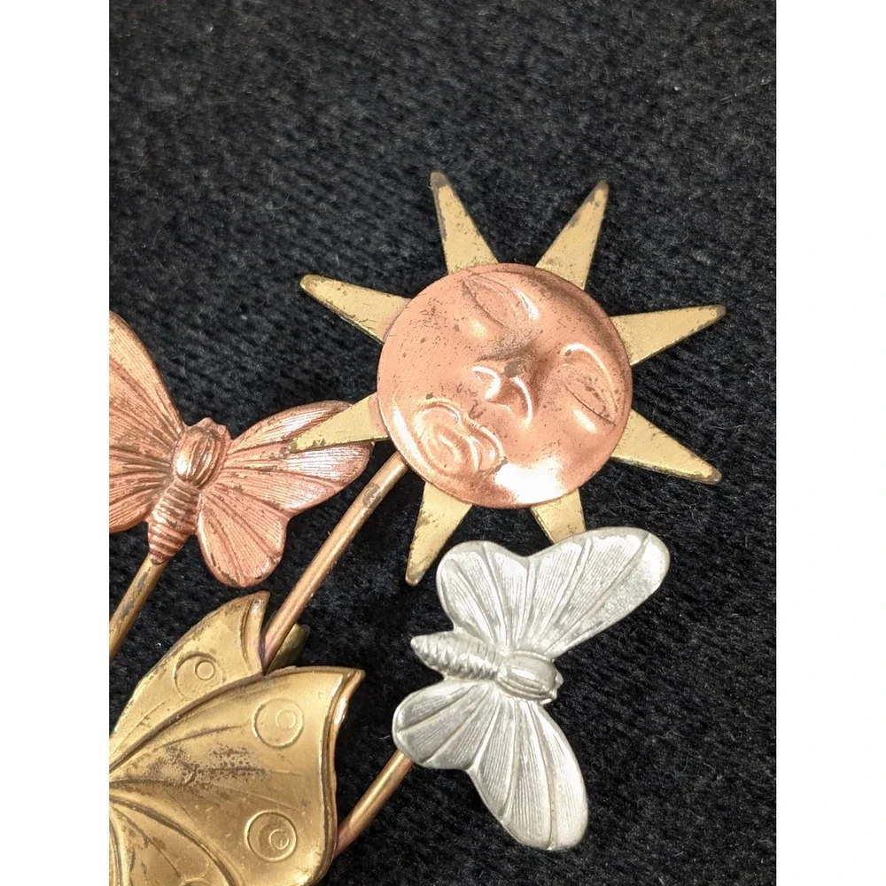 Vintage‎ Artisan Sun Sunflower Butterfly Brooch Mixed Metal
